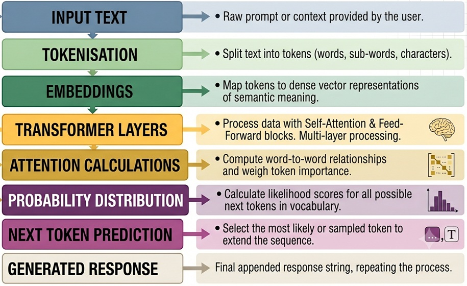 How a large language model processes text, from input through tokenisation to generated response
